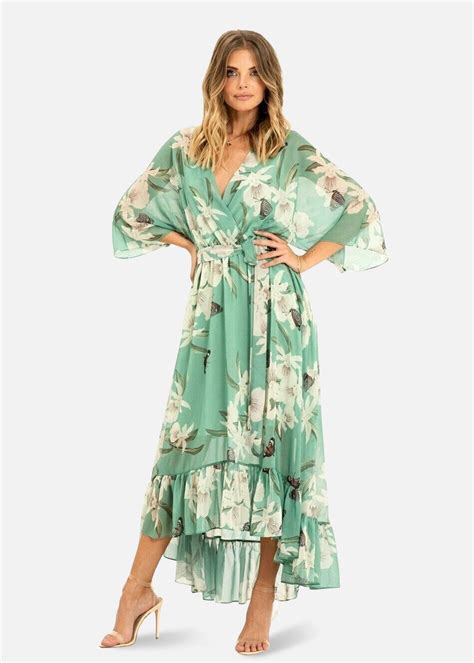 Yumi Mint Floral Print Kimono Midi Wrap Dress Matalan