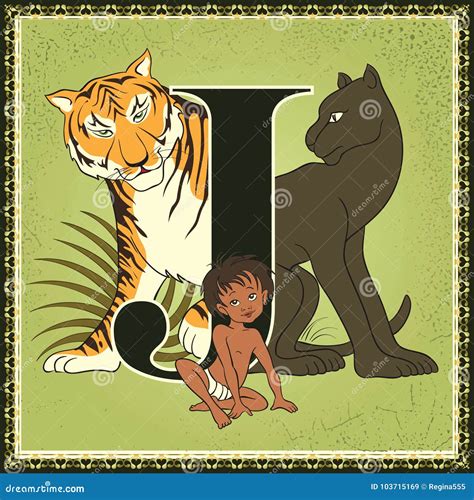 Mowgli Jungle Book And Panther On Tree. Open Book Illustration Cartoon ...