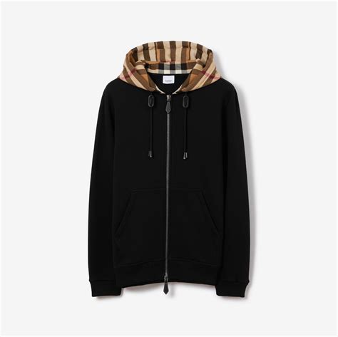 Check Hood Cotton Blend Zip Hoodie In Blackbirch Brown Men Burberry® Official