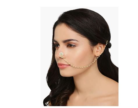 Accessher Ethnic Tilak Shaped Jadau Kundan And Pearl Nose Pin Nath With