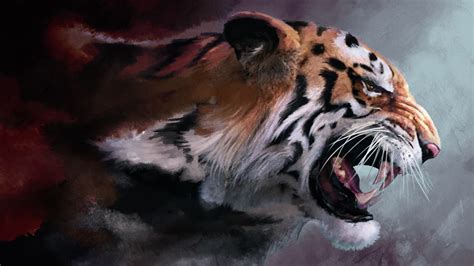 Brown Black And White Tiger Painting Tiger Artwork Hd Wallpaper