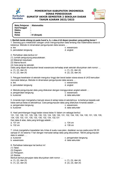 Soal PAT Matematika Kelas 4 Semester 2 Kurikulum Merdeka T A 2022 2023