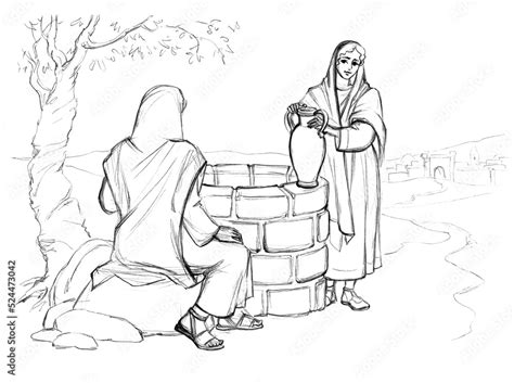 Christ And The Samaritan Woman At The Well Pencil Drawing Stock