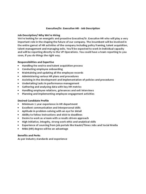 Hr Executive Job Description Pdf