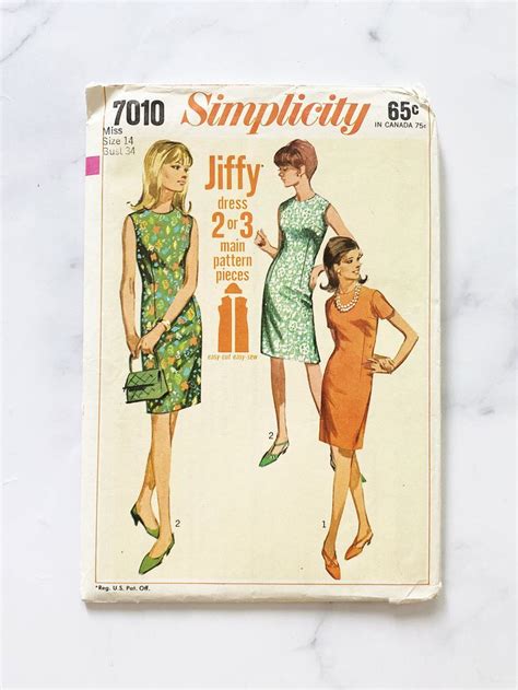 60s Simplicity 7010 34 Bust Jiffy Sleeveless Short Sleeve Knee Length