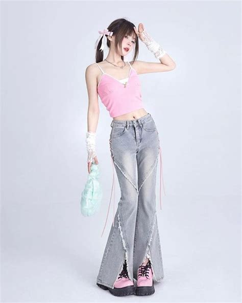 Lace Up Flared Denim Pants Sh In Kpop Fashion Outfits