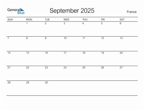 Printable September 2025 Monthly Calendar with Holidays for France