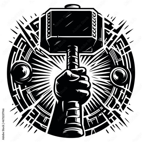 Thor's hammer in the hand of a man, black silhouette on a transparent ...