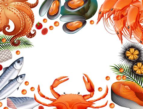 Border Template With Different Kinds Of Seafood Vector Art At