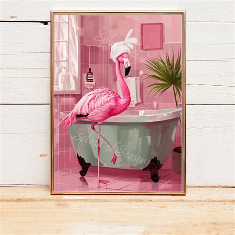 Flamingo In The Bathroom Wall Art Print Tropical Home Decor