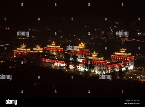 The Thimphu Dzong lighted at night in the capital city of Thimphu ...