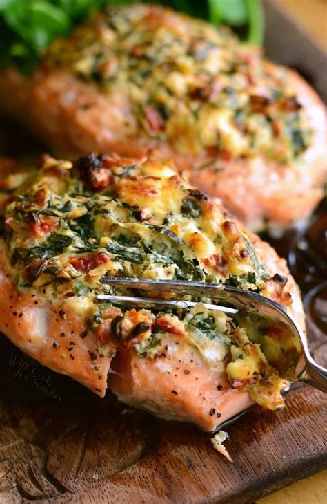 Creamy Spinach And Sun Dried Tomato Stuffed Salmon Baked Juicy Salmon