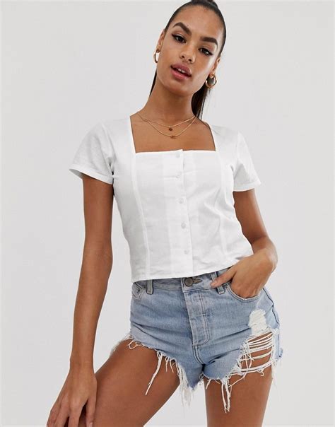 Na kd square neckline buttoned top in white ASOS Ropa Paño Moda