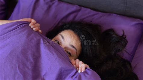 Sleeping Lady Looking Out Of Under The Blanket Beautiful Female Eyes