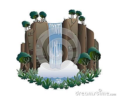 Waterfall Cartoon Landscape With Mountains Trees And Bushes Vector