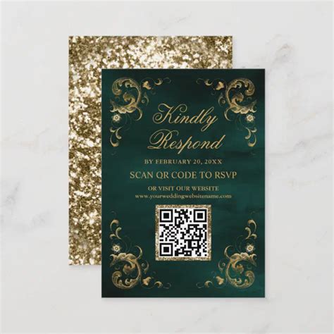 Emerald Green Gold QR Code RSVP Wedding Website Enclosure Card Zazzle