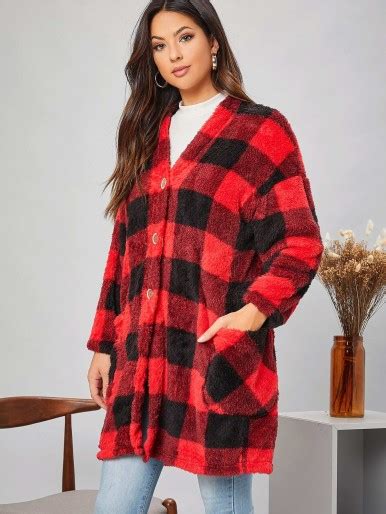 SHEIN Drop Shoulder Buffalo Plaid Teddy Coat