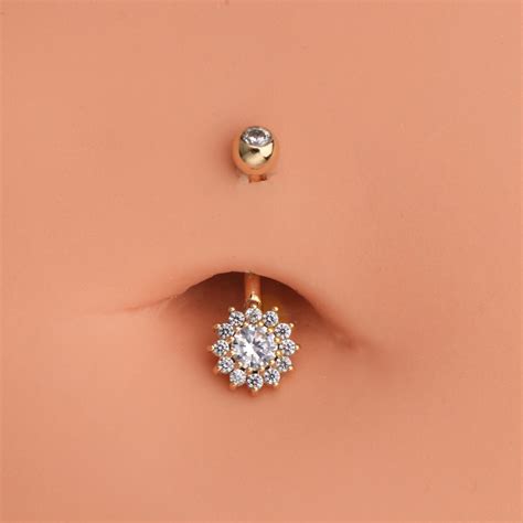 14k Solid Gold Cubic Zirconia 14g Belly Button Ring Floral Etsy