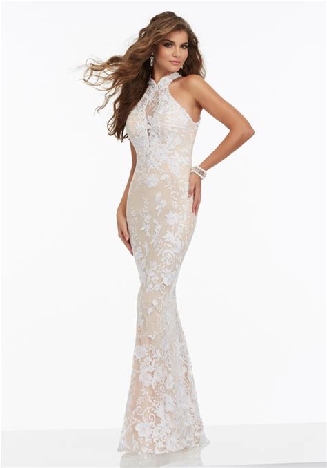 Slim Halter Open Back White Lace Beaded Prom Dress