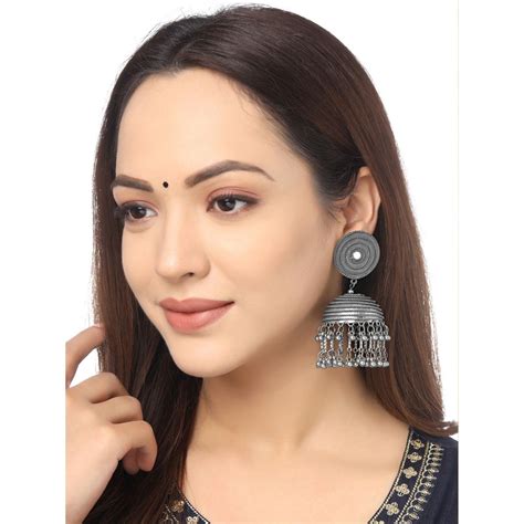 Buy Yellow Chimes Silver Toned Oxidised Contemporary Jhumkas Earrings