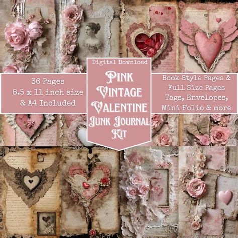 Pink Valentines Day Theme Junk Journal Kit Hearts And Lace Altered