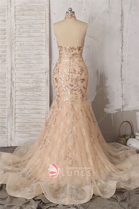 Sparkly Champagne Gold Sequin Lace Mermaid Prom Dress Lunss