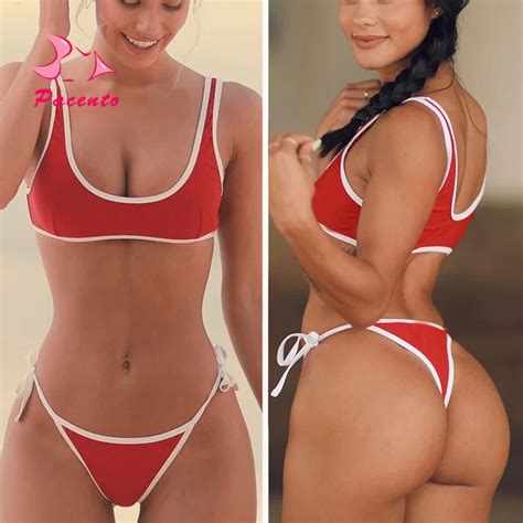 Pacento Nouveau Solide Rouge Bikini String Bas Sport Crop Top Maillots