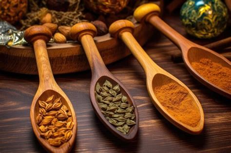 Premium Photo Closeup Of Exotic Spice Blends In Wooden Spoons Created With Generative Ai