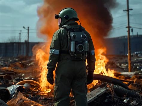 A Fireman Stands In Front Of A Pile Of Rubble And Fire Premium AI