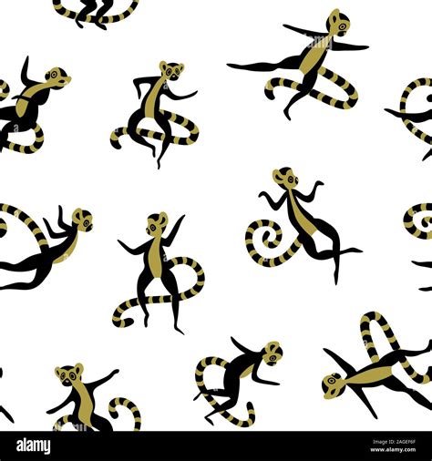 Seamless Pattern With Cute Cartoon Lemurs Black And Gold Objects