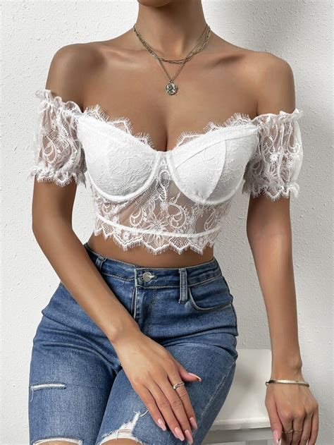 SHEIN BAE Off Shoulder Eyelash Lace Crop Top SHEIN USA