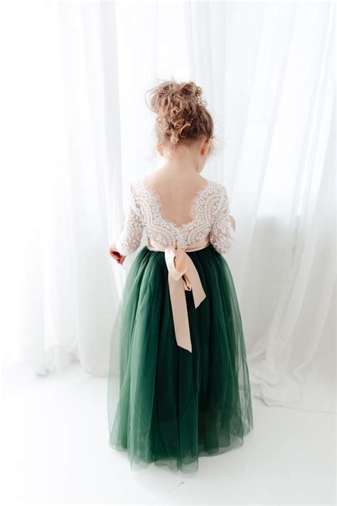 Hunter Green Tulle Flower Girl Dress White Lace Long Sleeve Etsy