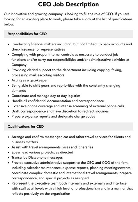 Ceo Job Description Velvet Jobs