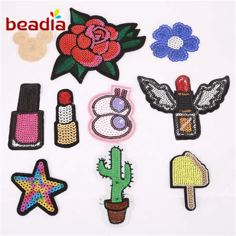 10 Pcsset Shape Of Floweretc Patches Iron On Embroidered Sequin Appliques Badges Sticker For