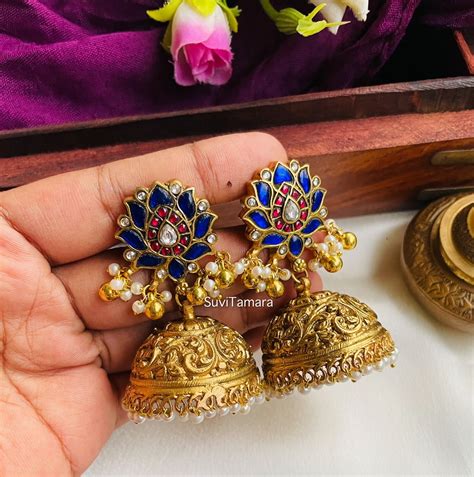 Blue Lotus Stud Antique Gold Jhumkas Readytoship Suvitamara