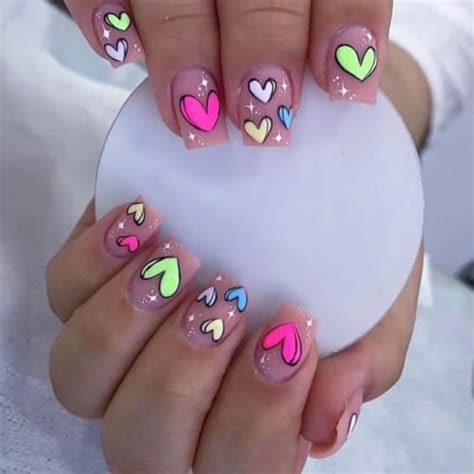 Mervf Square Press On Nails Short Fake Nails Colorful Heart