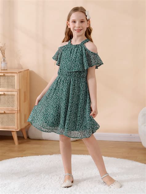 Tween Girl Ditsy Floral Cold Shoulder Ruffle Trim Dress Shein Usa