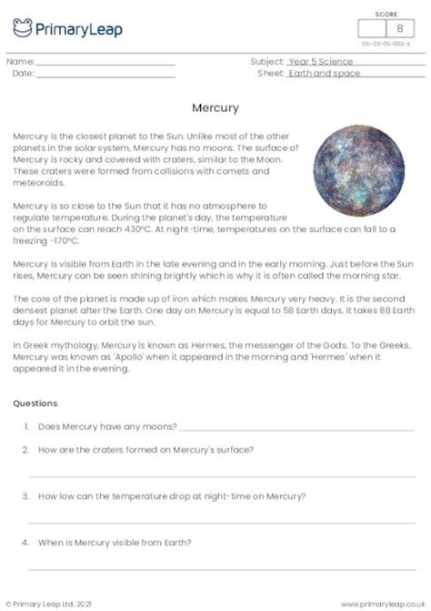 Science The Planets Mercury Worksheet Uk