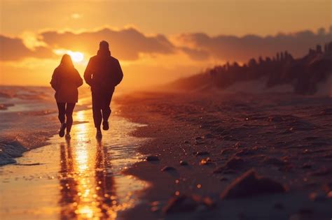 Premium Photo Mature Couple Walking On The Beach At Sunset