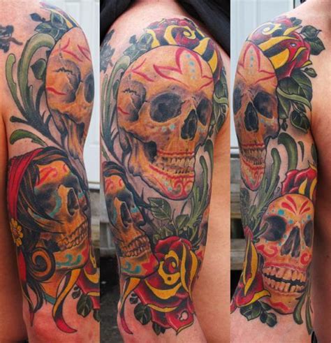 Rose And Skull Half Sleeve Tattoos