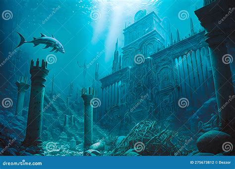 Flooded Atlantis Columns In The Ancient Empty City Of Statues And