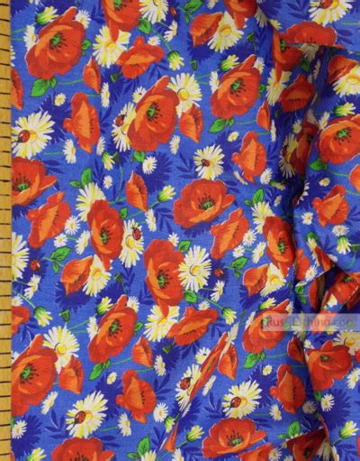 Tissu Coton Fleuri Au Metre Red Poppies On Blue RusClothing