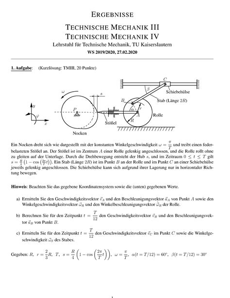 Klausuren Technische Mechanik Ergebnisse Technische Mechanik Iii