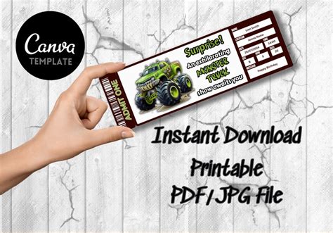 Printable Monster Truck Ticket Template, Surprise Monster Truck Ticket Editable in Canva, Gift ...