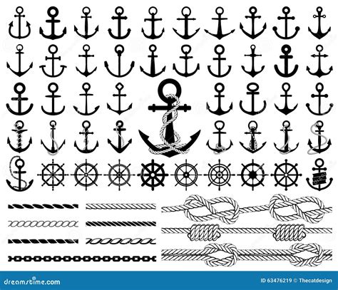 Anchors Rudders And Ropes Vector Set Black White Doodle Sketch