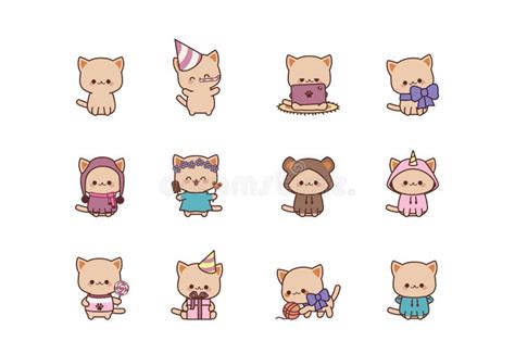 Set Isolated Cute Kitty Kawaii Chibi Style Cat Character Stock Vector