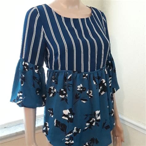 Monteau Tops Monteau Blue Striped Floral Sheer Blouse Poshmark