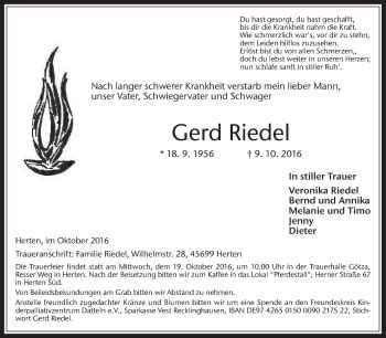 Traueranzeigen Von Gerd Riedel Sich Erinnern De