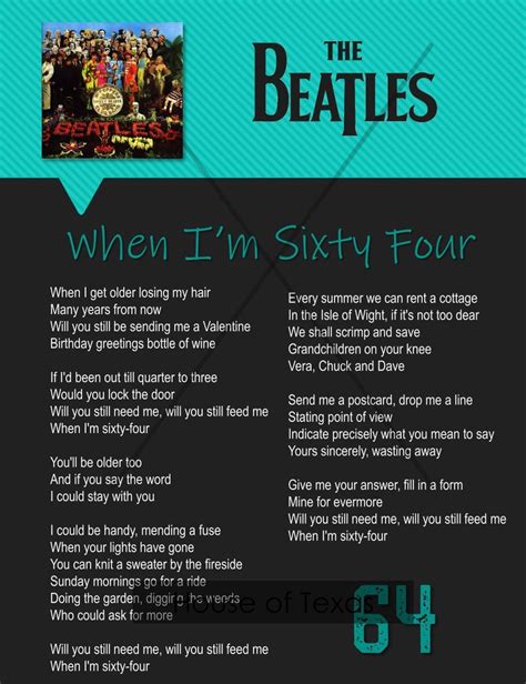 When I M Sixty Four Print The Beatles Beatles Lyrics Etsy