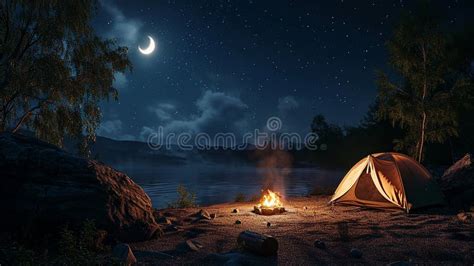 Peaceful Moonlit Night With Campfire And Tent Stock Image Image Of